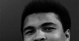 Portrait of Muhammad Ali smiling, showcasing his iconic hairstyle and distinctive fashion in a classic black and white style.