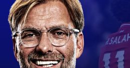 Jurgen Klopp smiling with Liverpool branding, showcasing his leadership and connection with star player Mohamed Salah.