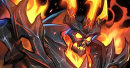 Fiery armored character from Gems Of War 2, showcasing a menacing skull and blazing features in vibrant colors.