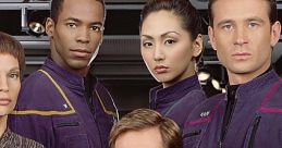 Main cast of Star Trek: Enterprise in uniforms, showcasing diverse characters aboard the starship. Bold and dynamic sci-fi setting.