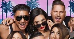 Cast of Jersey Shore striking fun poses with sunglasses, surrounded by palm trees and a colorful sunset backdrop.