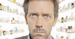 Dr. Gregory House, M.D. stands with a cane, showcasing his intense expression against a backdrop of medicine bottles.