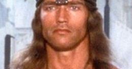 Arnold Schwarzenegger as a warrior with long hair, tribal necklace, and fierce expression in a fantasy setting.