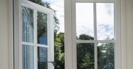 Modern double windows open to a sunny garden, showcasing elegant home design with pink decorative bottles on a wooden surface.