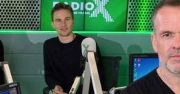 Chris Moyles hosting at Radio X studio, with team members and equipment visible in a vibrant broadcasting environment.