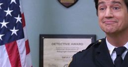 Captain CJ from Brooklyn Nine-Nine gestures confidently, standing in front of an American flag and awards on the wall.