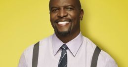 Terry Jeffords from Brooklyn Nine-Nine smiling confidently in a purple shirt with a badge and suspenders against a yellow backdrop.