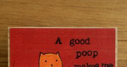 Whimsical illustration of a cat on a toilet, enjoying a good poop while reading, with humorous text about happiness.