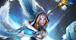 Crystal Maiden from Dota, wielding her ice staff, surrounded by a magical icy glow, showcasing her enchanting abilities.