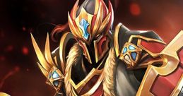 Majestic Dragon Knight from Dota, armored in gold and red, wielding an axe with a fierce pose against a dark background.