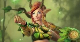 Enchantress from Dota, adorned in leafy armor, channels nature's magic with her enchanting pose and forest backdrop.