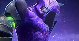 Faceless from Dota stands menacingly, showcasing his signature purple armor and powerful weapon against a cosmic backdrop.