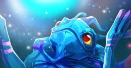 Puck from Dota, a mystical blue creature, floating in a cosmic scene with vibrant colors and whimsical expression.