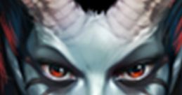 Close-up of Queen of Pain from Dota, featuring her striking red eyes, dark hair, and distinctive horns.