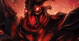 Shadow Fiend from Dota, featuring a menacing red and black armor, surrounded by fiery chaos and a dark atmosphere.