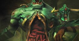 Undying from Dota, a powerful zombie hero, stands menacingly amid a swirling green mist, showcasing his grotesque features.