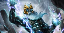 Zeus from Dota unleashes lightning in a dramatic fantasy scene, showcasing power and mystique amidst dark skies.