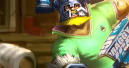 Brolaf from League of Legends, wielding a large axe and wearing a fun green shirt, embodies playful chaos.