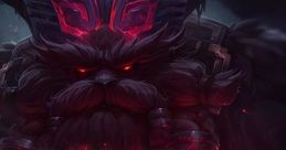 Ornn, the powerful blacksmith from League of Legends, exudes strength with his fiery red eyes and dark, intricate armor.