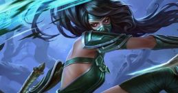 Akali from League of Legends in an action pose, wielding dual blades with a mysterious forest background.