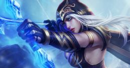 Ashe from League of Legends aiming her icy bow, poised for battle in a mystical snowy landscape.