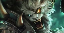 Rengar from League of Legends, a fierce lion champion with a menacing roar and battle-ready armor, poised for action.