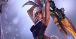 Riven from League of Legends in a playful bunny outfit, wielding her sword in an action-packed pose.