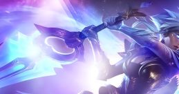 Dawnbringer Riven from League of Legends wields a glowing sword, surrounded by cosmic energy and vibrant colors.