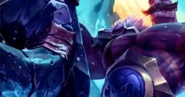 Braum, the Heart of the Freljord, stands valiantly beside an icy figure in a vibrant, mystical landscape.