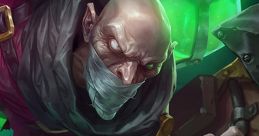 Singed from League of Legends, menacing pose, showcasing his bald head, mask, and green toxic concoction in the background.