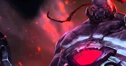 Sion from League of Legends, towering with his iconic hammer, oozing dark energy and strength in a fiery background.