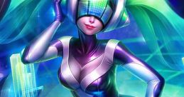 DJ Sona mixes vibrant beats at her futuristic DJ booth, showcasing her iconic League of Legends skin.