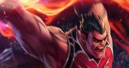 Dunkmaster Darius performs an epic slam dunk in a Noxian basketball jersey, surrounded by dynamic fiery effects.