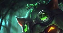 Omegauad Teemo from League of Legends, poised with a gun, in a mysterious forest setting with glowing eyes.