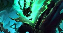 Eerie portrayal of Thresh from League of Legends, featuring ghostly green flames and his haunting scythe-like chains.