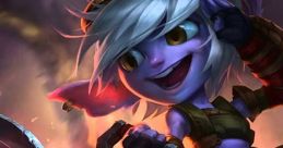 Tristana from League of Legends, grinning excitedly with her cannon, ready for explosive action in a fantasy setting.