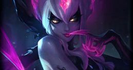 Evelynn from League of Legends, showcasing her seductive dark magic with purple and black hues in an enchanting pose.