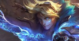 Ezreal, the prodigy from League of Legends, wielding a powerful blue energy blade in an action-packed pose.