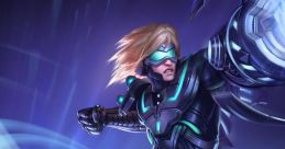 Pulsefire Ezreal in futuristic armor, launching an energy attack in a vibrant blue swirl, showcasing his speed and power.