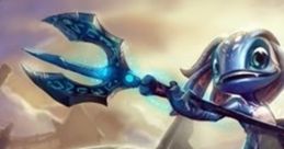 Fizz from League of Legends wields a trident, riding a shark through turbulent ocean waters in vibrant colors.