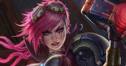 Vi from League of Legends showcases her signature style with vibrant pink hair and powerful gauntlets, ready for battle.