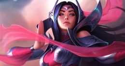 Irelia from League of Legends, showcasing her elegant combat stance and vibrant red attire against a mystical backdrop.