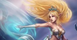 Janna from League of Legends, wielding wind magic with flowing hair and elegant attire in a dynamic pose.