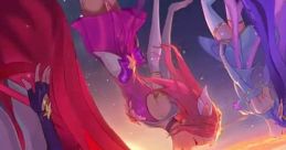 Star Guardian Jinx and allies soaring through a vibrant sky, showcasing magical outfits and dynamic poses in League of Legends.