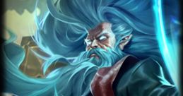 Zilean, the Chronokeeper, wields magic and time manipulation with his flowing blue hair and ancient attire in League of Legends.