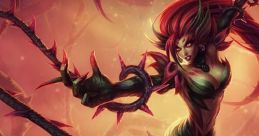 Zyra from League of Legends poses dynamically, entwined with thorny vines against a vibrant, mystical background.