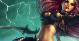 Katarina from League of Legends, poised dramatically with blades, amidst a stormy, electrifying backdrop.