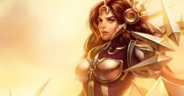 Leona, the radiant warrior from League of Legends, boldly wields her shield and spear against a golden backdrop.