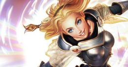 Lux from League of Legends dashes forward, radiant and powerful, wielding magic in a vibrant fantasy landscape.