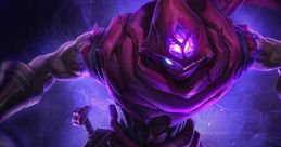 Malzahar from League of Legends, cloaked in purple, channels dark magic with glowing eyes and a mystical aura.